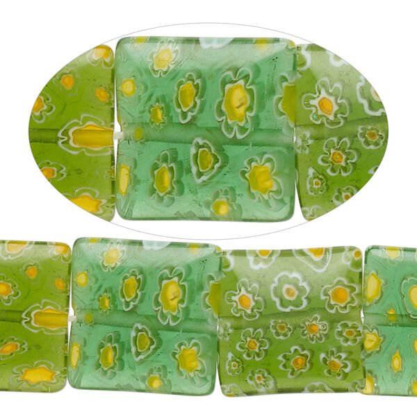 Bead, millefiori glass, translucent green / spring green / yellow / golden yellow / white, 16mm puffed square with flower design. Sold per 14-inch strand. image number 0
