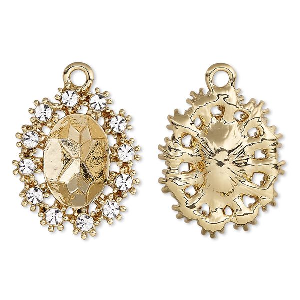 Drop, Almost Instant Jewelry®, crystals and gold-finished "pewter" (zinc-based alloy), crystal clear, 23x19mm single-sided oval with 14x10mm oval setting. Sold individually. image number 0