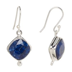 Earring, Create Compliments®, blue sapphire (dyed) and sterling silver, 33mm with diamond and fishhook ear wire, 21 gauge. Sold per pair.