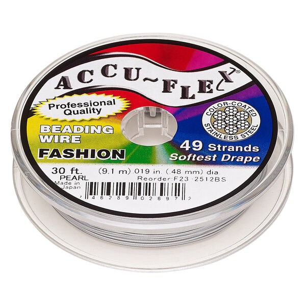 Beading wire, Accu-Flex®, nylon and stainless steel, pearl, 49 strand, 0.019-inch diameter. Sold per 30-foot spool. image number 0