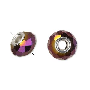 Bead, Dione®, glass and silver-plated brass grommets, 32-facet, opaque metallic dark purple, 14x9mm faceted rondelle. Sold per pkg of 6.