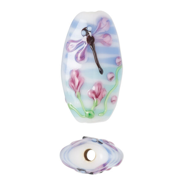 Bead, lampworked glass, opaque multicolored, 28x16mm puffed oval with dragonfly and flower design. Sold per pkg of 2. image number 0