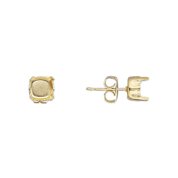 Earstud, gold-plated brass and steel, 6mm with post and SS29 4-prong chaton setting, 21 gauge. Sold per pkg of 2 pairs. image number 0