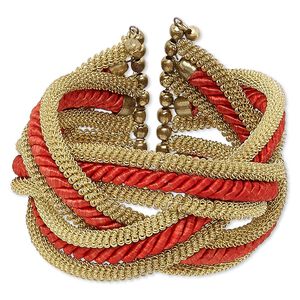 Bracelet, cuff, polyester with gold-finished steel and brass, red, 42mm wide with braided and coiled wire design, adjustable from 6-1/2 to 7-1/2 inches. Sold individually.