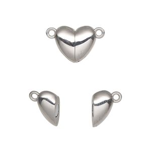 Clasp magnetic 1pkg1, 12x11mm double-sided heart, stainless steel 1-strand