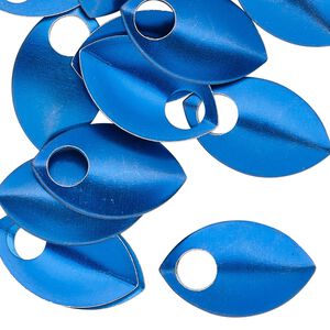 Component, anodized aluminum, blue, 22x14mm 2-sided curved scale blank with 5mm hole, 20 gauge. Sold per pkg of 20.