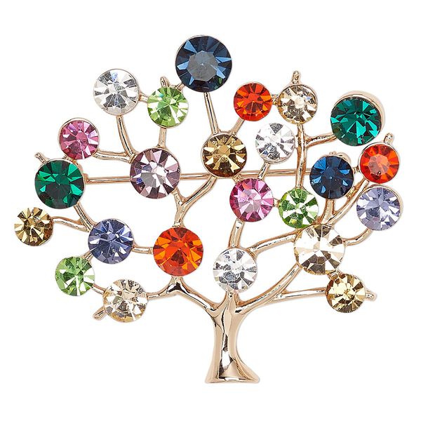 Brooch, glass rhinestone and rose gold-finished "pewter" (zinc-based alloy), multicolored, 51x45mm tree. Sold individually. image number 0