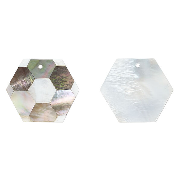 Component, black lip shell / mother-of-pearl shell / resin (assembled) 1pkg2, 24x21mm-25x22mm top-drilled 1sided flat hexagon with honeycomb pattern. image number 0