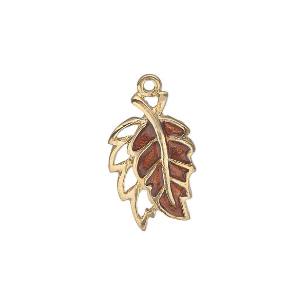 Charm, gold-finished "pewter" (zinc-based alloy) and enamel, brown, 20x12mm single-sided double leaf. Sold individually. image number 0