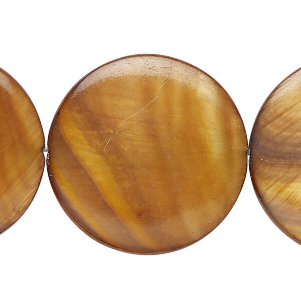Mother-of-pearl shell 1pkg1, puffed flat round bead 15 inch dark golden brown 29-30mm image number 0