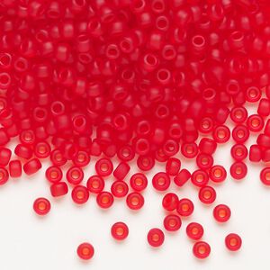 Seed bead, Miyuki, glass, pkg/250g, #8 rocaille, translucent matte red orange (RR-140F).