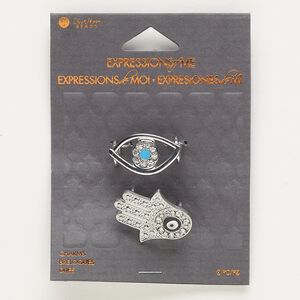 Slide mix, enamel / glass / silver-finished "pewter" (zinc-based alloy) / steel, multicolored, 28x23mm Fatima hand and 26x15mm open evil eye, 10.5x2.5mm hole. Sold per pkg of 2.