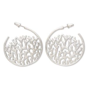 Earring, imitation rhodium-plated brass and "pewter" (zinc-based alloy), 39mm brushed round hoop with branch design and post. Sold per pair.
