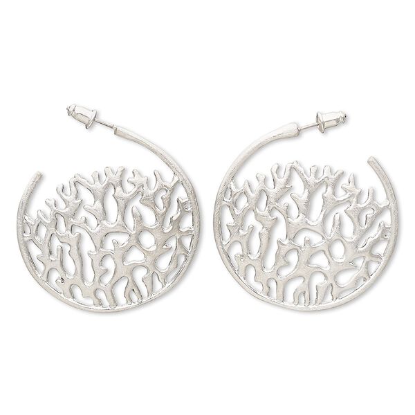 Earring, imitation rhodium-plated brass and "pewter" (zinc-based alloy), 39mm brushed round hoop with branch design and post. Sold per pair. image number 0