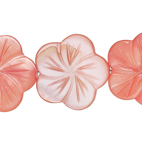 Bead, mother-of-pearl shell (dyed), flamingo red, 24x23mm-26x25mm carved flat flower with 0.6-0.8mm hole, Mohs hardness 3-1/2. Sold per 15-inch strand. image number 0