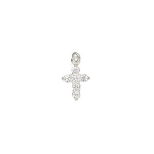 Drop, cubic zirconia and sterling silver, clear, 10x8mm single-sided cross with 3mm closed jump ring. Sold individually.