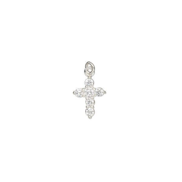 Drop, cubic zirconia and sterling silver, clear, 10x8mm single-sided cross with 3mm closed jump ring. Sold individually. image number 0