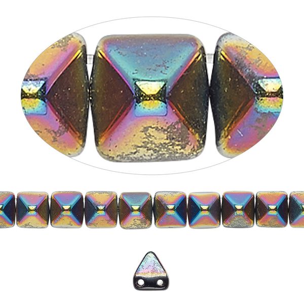 Spacer, Preciosa, Czech pressed glass, opaque black vitrail, 6x6x7mm 2-strand pyramid, fits up to 3mm bead. Sold per 8-inch strand, approximately 30 spacers. image number 0