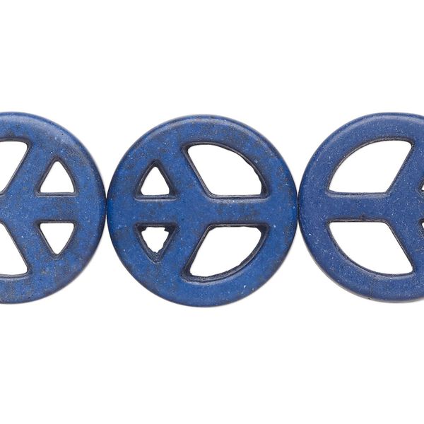 Bead, "howlite" (resin) (imitation), opaque dark blue, 25mm peace sign. Sold per 15-1/2" to 16" strand. image number 0