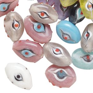 Bead mix, lampworked glass, opaque and translucent mixed colors, 15x8mm flat marquise. Sold per 2-ounce pkg, approximately 40 beads.
