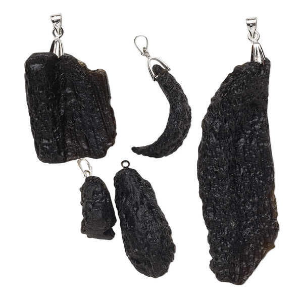 Pendant mix, tektite (waxed) and silver-finished steel, large to gigantic nugget. Sold per pkg of 5. image number 0