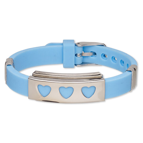 Bracelet, Softique™, silicone and stainless steel, aqua blue, 16mm wide with 39x16mm rectangle and cutout hearts, adjustable from 5-1/2 to 7-1/2 inches with buckle-style closure. Sold individually. image number 0
