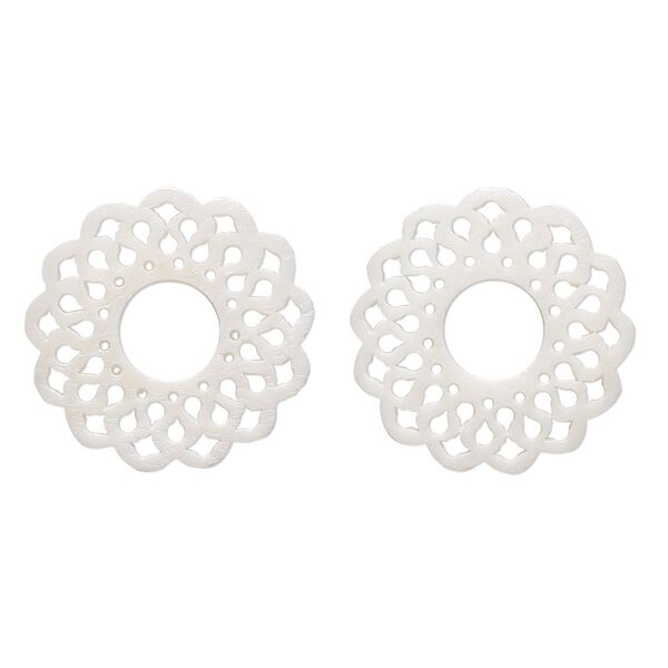 Component, camel bone (bleached), white, 30mm hand-cut single-sided fancy flat open round with cutout design, Mohs hardness 2-1/2. Sold per pkg of 2. image number 0