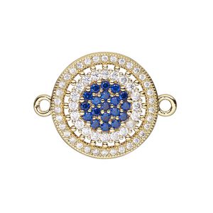 Link, cubic zirconia and gold-finished brass, clear and dark blue, 19mm single-sided round. Sold individually.