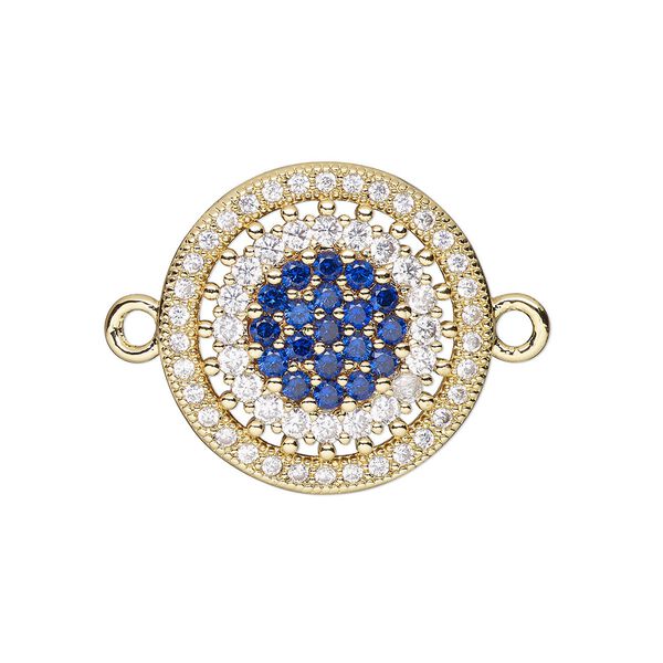 Link, cubic zirconia and gold-finished brass, clear and dark blue, 19mm single-sided round. Sold individually. image number 0