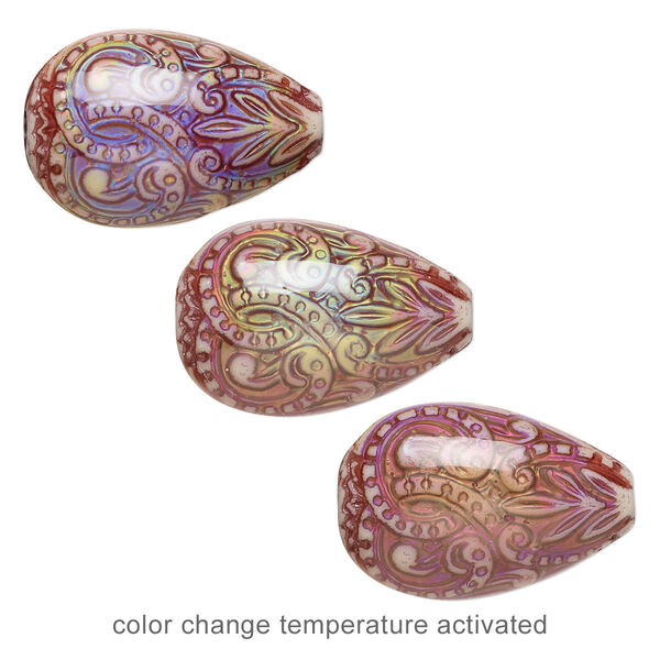 Bead, acrylic, multicolored, 23x15.5mm color-changing puffed teardrop with fancy design. Sold per pkg of 2. image number 0