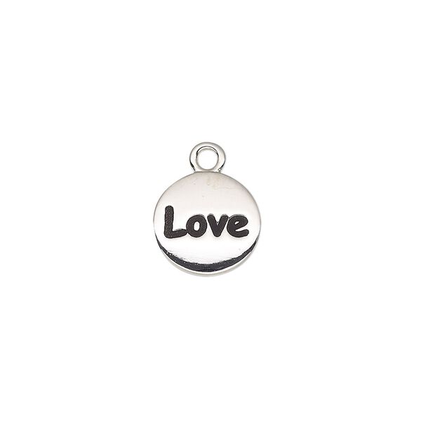 Drop, enamel and imitation rhodium-plated "pewter" (zinc-based alloy), black, 11mm single-sided round with "Love". Sold individually. image number 0