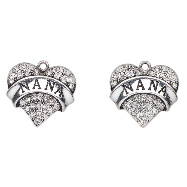 Charm, antique silver-finished enamel "pewter" (zinc-based alloy) and glass, clear and black, 24x23mm heart with "Nana". Sold per pkg of 2. image number 0