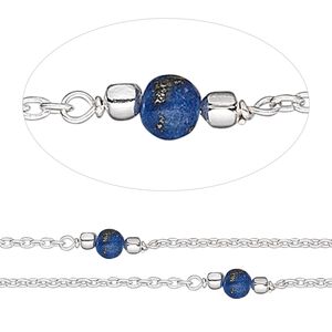 Chain 1pkg1 sterling silver / lapis lazuli (natural) beaded, 4mm, 5 foot unfinished