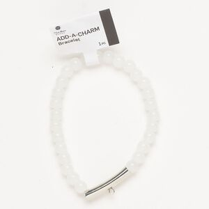 Bracelet, stretch, silver-finished brass and glass, white, 6mm round and 25x5m round tube with bottom loop, 6-1/2 inches. Sold individually.