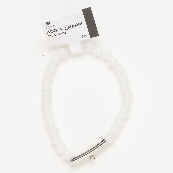 Bracelet, stretch, silver-finished brass and glass, white, 6mm round and 25x5m round tube with bottom loop, 6-1/2 inches. Sold individually. image number 0