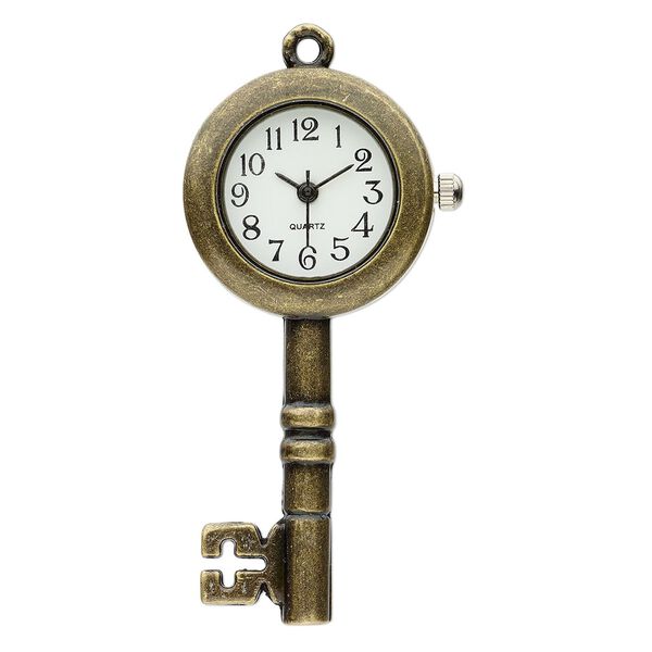 Watch face, stainless steel and antique brass-plated "pewter" (zinc-based alloy), white and black, 50x25mm single-sided skeleton key. Sold individually. image number 0