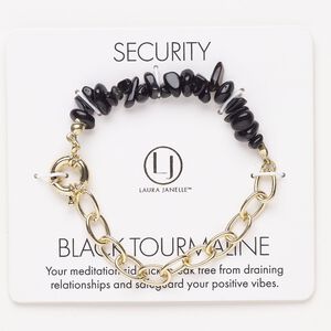 Bracelet, steel / brass / black tourmaline (dyed), pkg/1, 6 inches with springring clasp, gold finish.