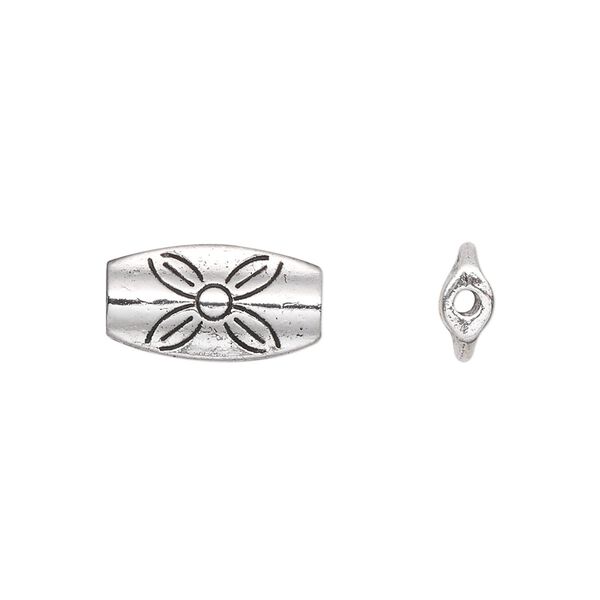 Bead, antique silver-plated "pewter" (zinc-based alloy), 16x9mm oval tube with flower. Sold per pkg of 20. image number 0