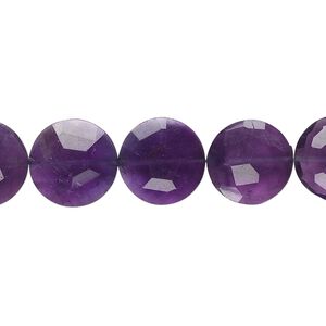Amethyst 1pkg5, hand-cut faceted flat round bead natural 12mm