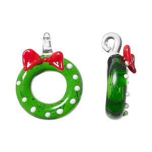 Drop, lampworked glass, green / red / white, 21x19mm single-sided wreath. Sold individually.