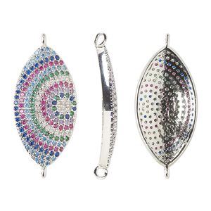 Link, cubic zirconia and silver-finished brass, multicolored, 25x13.5mm single-sided domed marquise with circle design. Sold individually.