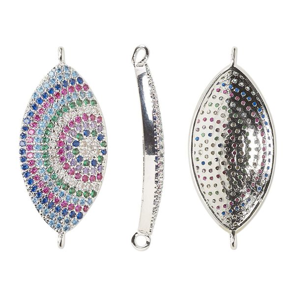 Link, cubic zirconia and silver-finished brass, multicolored, 25x13.5mm single-sided domed marquise with circle design. Sold individually. image number 0