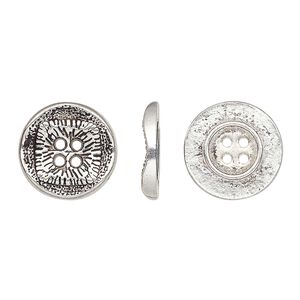 Button, antiqued silver-finished "pewter" (zinc-based alloy), 15mm single-sided wavy flat round with textured square design. Sold per pkg of 20.