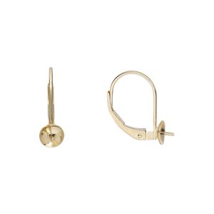 Ear wire leverback 1pkg2 14kt gold, 15mm / 5mm cup / 3.4mm peg / 5-7mm half-drilled setting 1 pair