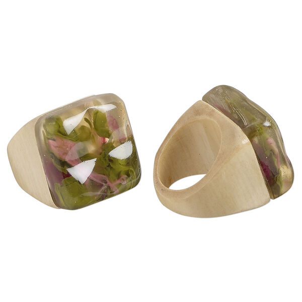 Ring, Everyday Jewelry, Taiwanese cheesewood, purple and green, 17mm square, size 6. Sold individually. image number 0