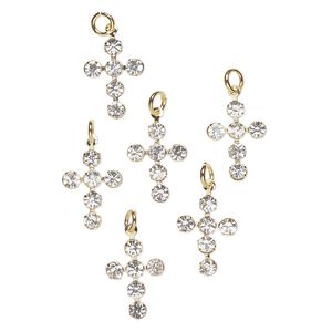 Drop, "pewter" (zinc-based alloy) and glass, pkg/6, 16x12mm cross, gold finish and clear.