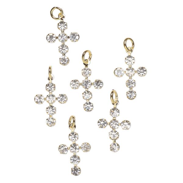 Drop, "pewter" (zinc-based alloy) and glass, pkg/6, 16x12mm cross, gold finish and clear. image number 0