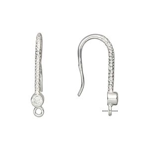 Ear wire fishhook 1pkg2 sterling silver / cubic zirconia, 24mm textured / 4mm faceted round / closed loop, 16 gauge clear 1 pair