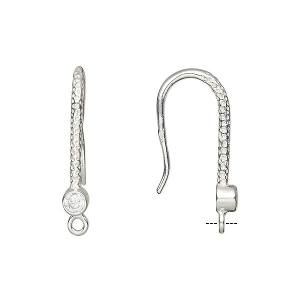 Ear wire fishhook 1pkg2 sterling silver / cubic zirconia, 24mm textured / 4mm faceted round / closed loop, 16 gauge clear 1 pair image number 0