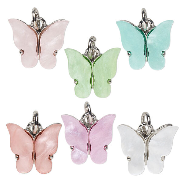 Drop, imitation rhodium-finished "pewter" (zinc-based alloy) and acrylic, mixed colors, 14x12mm butterfly with jump ring. Sold per pkg of 6. image number 0